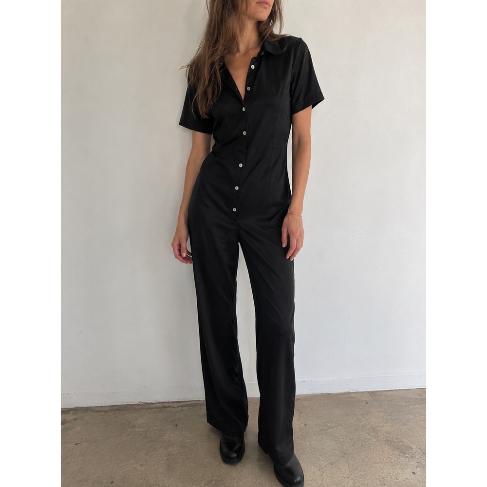 Almina Concept Black Short Sleeve Button Front Jumpsuit Size S Minimalist Chic